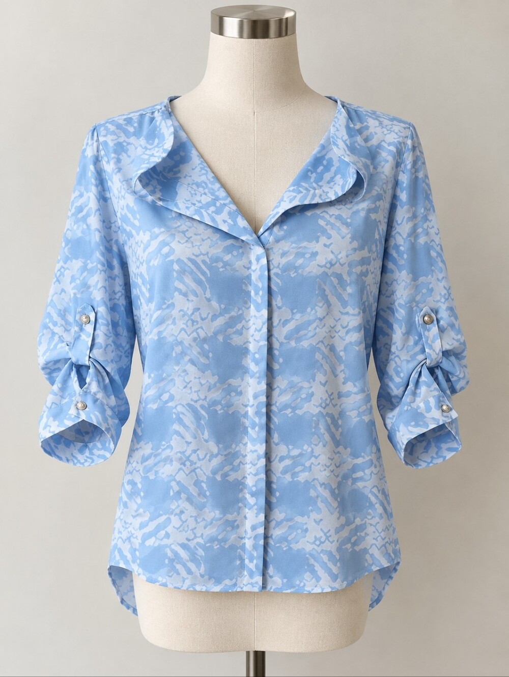 Light Blue Patterned Women's Blouse - Casual Roll-Sleeve Top
